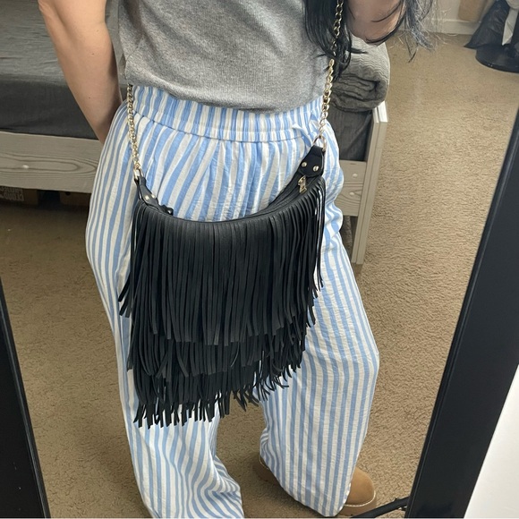 Cato Black Fringe Crossbody Bag Boho Tassel Faux Leather Festival - Picture 10 of 10
